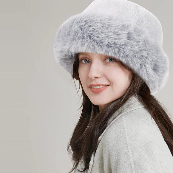 ? Hh Hofnen Faux Fur Women Grey Winter Bucket Fisherman Plush Warm Cute Hats main image 5
